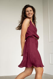 Simple Linen Dress by Solen Mara | Claret Red Color | Reversible V-Neck Sleeveless Dress | Midi Linen Summer Dress