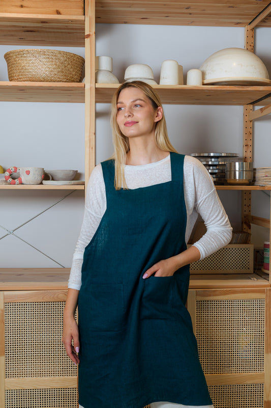 Japanese Linen Apron with Pockets in Deep Teal