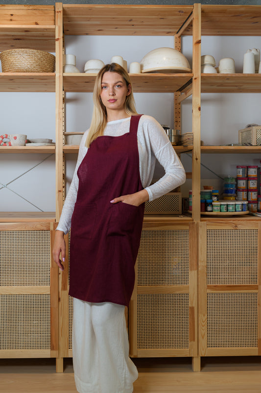 Japanese Linen Apron with Pockets in Plum Purple