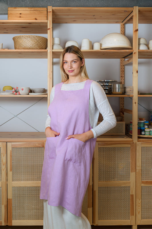 Japanese Linen Apron with Pockets in Blush Pink