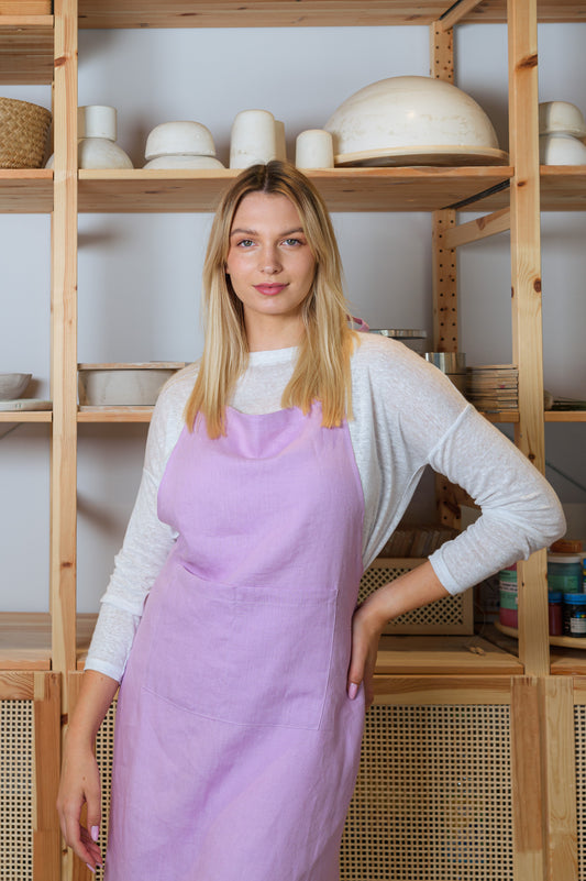Linen Apron with Pockets in Blush Pink