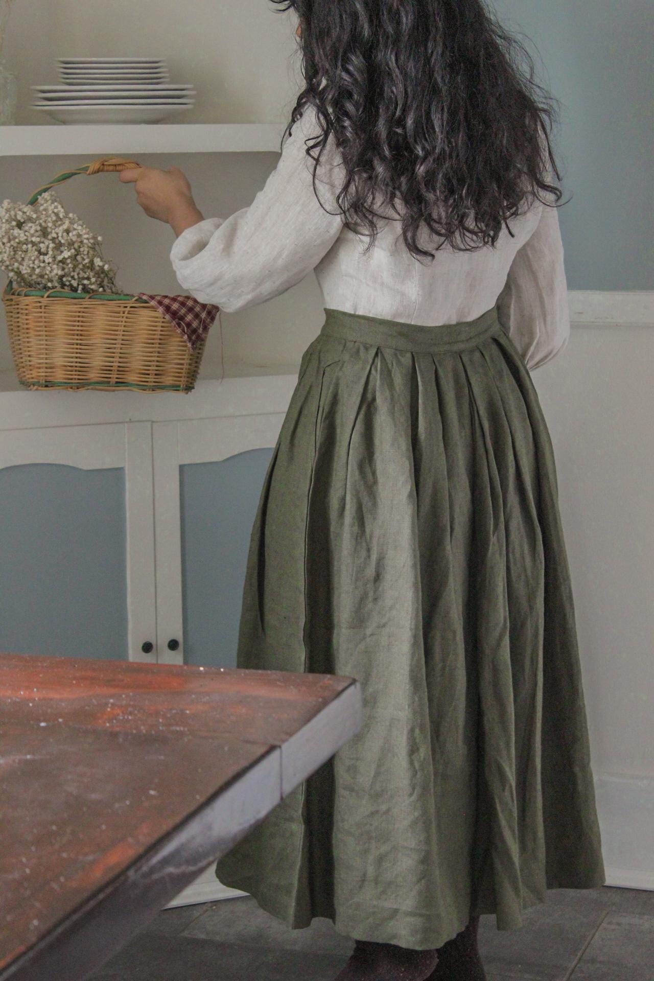 MOSS Long Linen Skirt With Buttons by Solen Mara. Features Pockets, Maxi Length & High Waist A-Line Shape