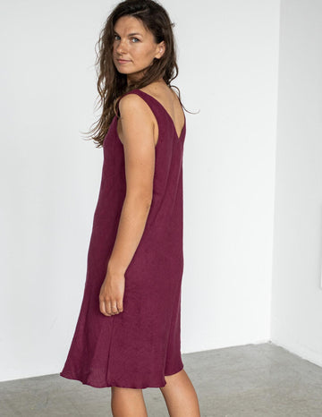 Simple Linen Dress by Solen Mara | Claret Red Color | Reversible V-Neck Sleeveless Dress | Midi Linen Summer Dress