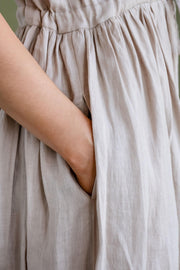 Linen Midi Dress in Beige by Solen Mara | Front Buttons & Pockets | Flowy Sleeveless Summer Linen Dress