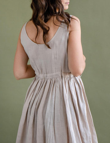 Linen Midi Dress in Beige by Solen Mara | Front Buttons & Pockets | Flowy Sleeveless Summer Linen Dress