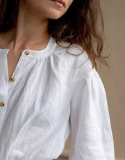 Linen Midi Shirt Dress by Solen Mara | Long Puff Sleeve Linen Dress | Dress With Pockets | Summer White Shirt Dresses For Women