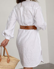 Linen Midi Shirt Dress by Solen Mara | Long Puff Sleeve Linen Dress | Dress With Pockets | Summer White Shirt Dresses For Women