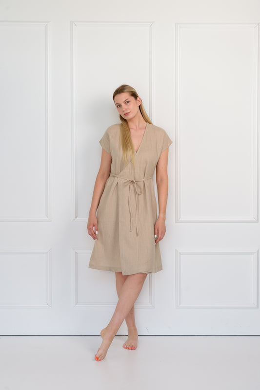 Wrap Linen Dress in Beige