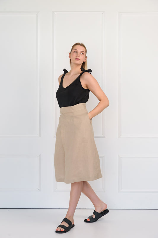 Wrap Linen Midi Skirt in Beige