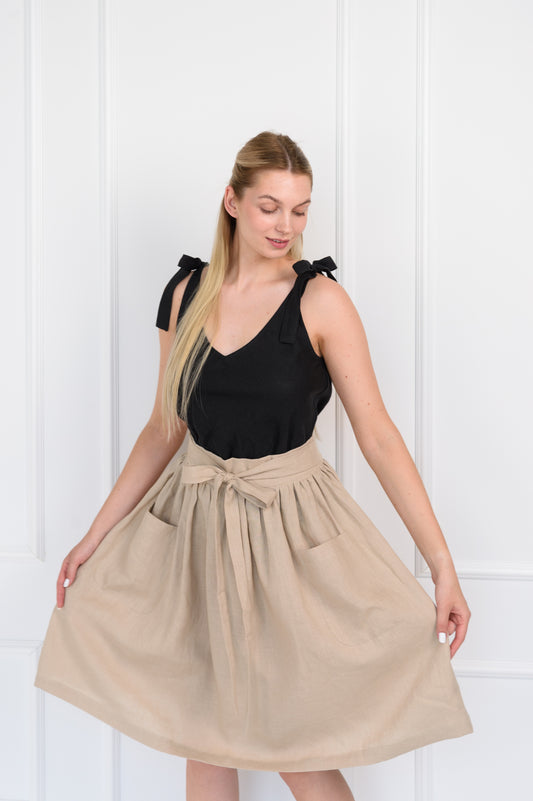 Linen Midi Skirt With Pockets in Beige