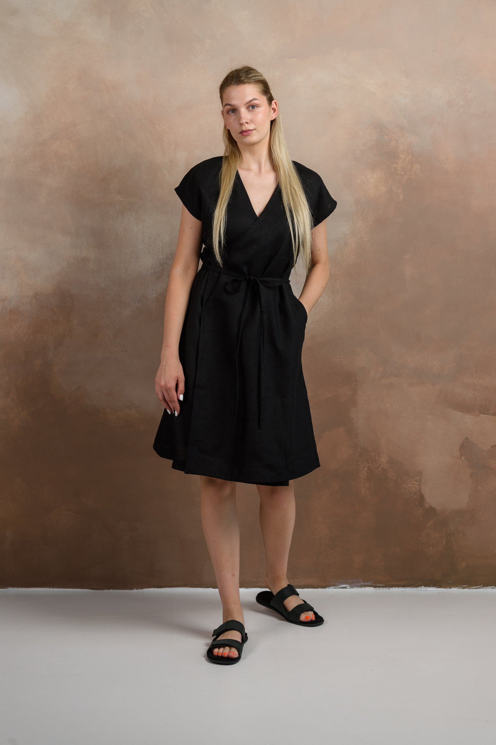 knee length dresses for ladies Zulu Linen Wrap Dress in Black – LUXMII