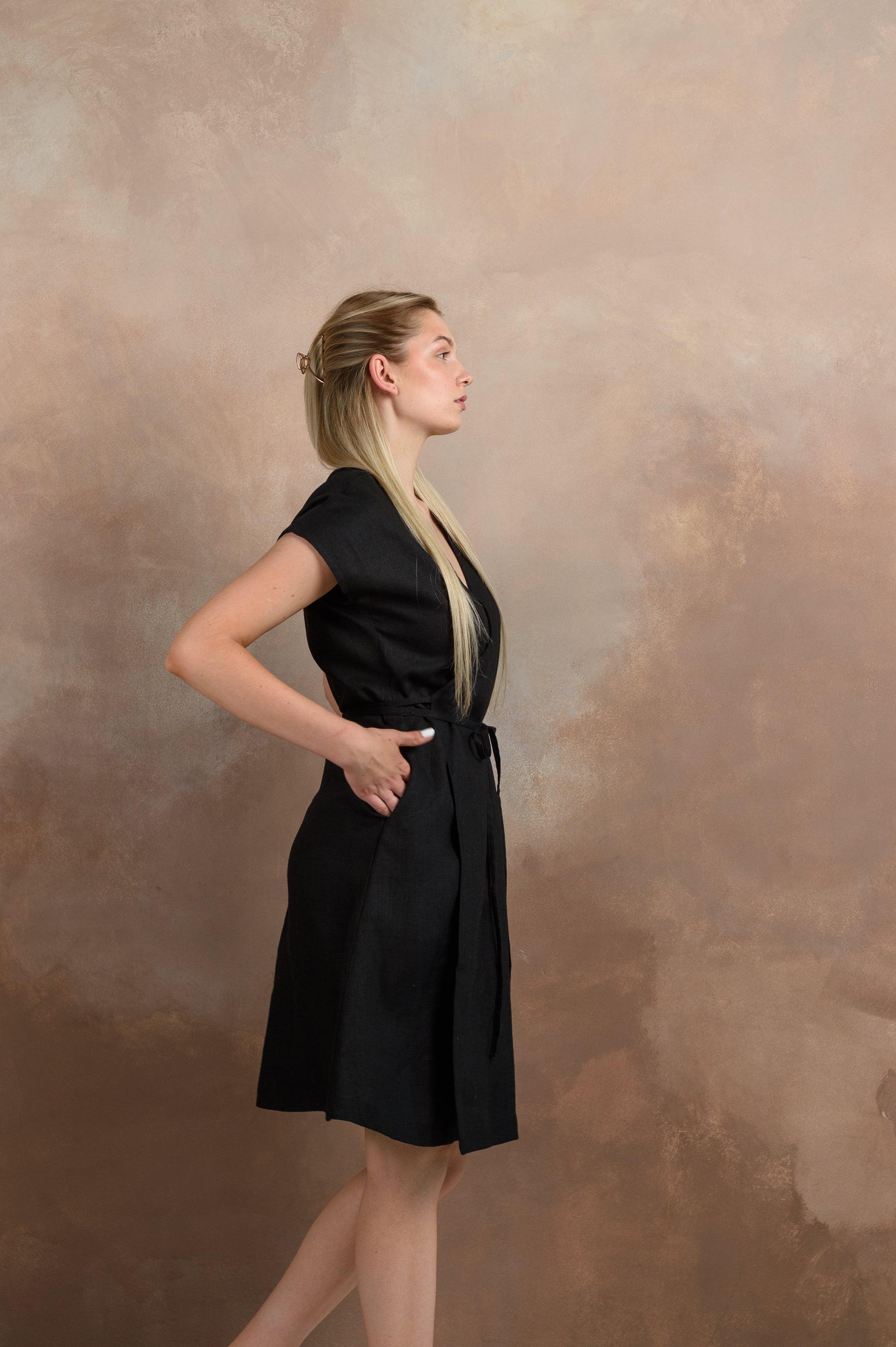 knee length dresses for ladies Wrap Linen Dress in Black | 100% Linen knee length dresses for ladies Wrap Linen Dress in Black | 100% Linen