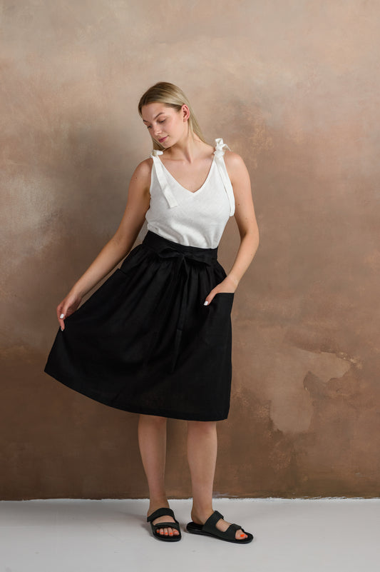 Linen Midi Skirt With Pockets in Black