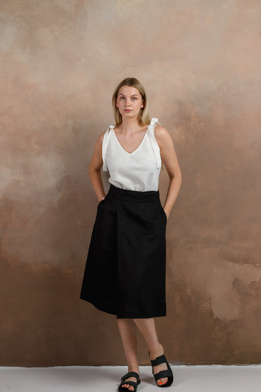 Wrap Linen Midi Skirt in Black