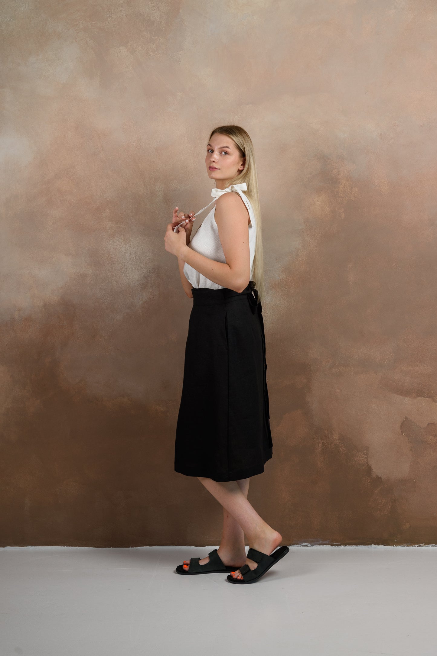 Wrap Linen Midi Skirt in Black