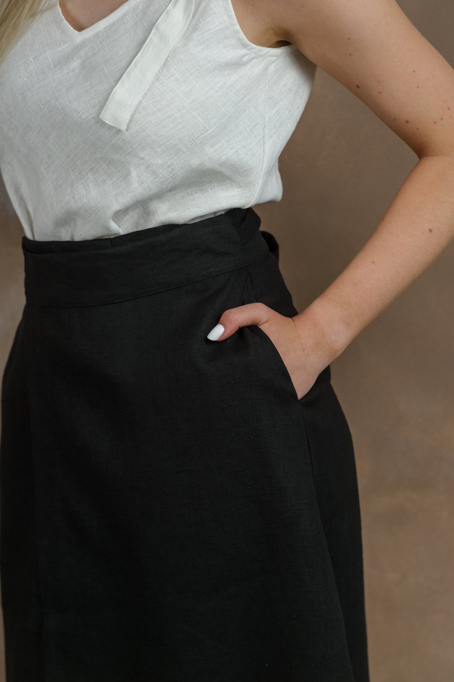 Wrap Linen Midi Skirt in Black