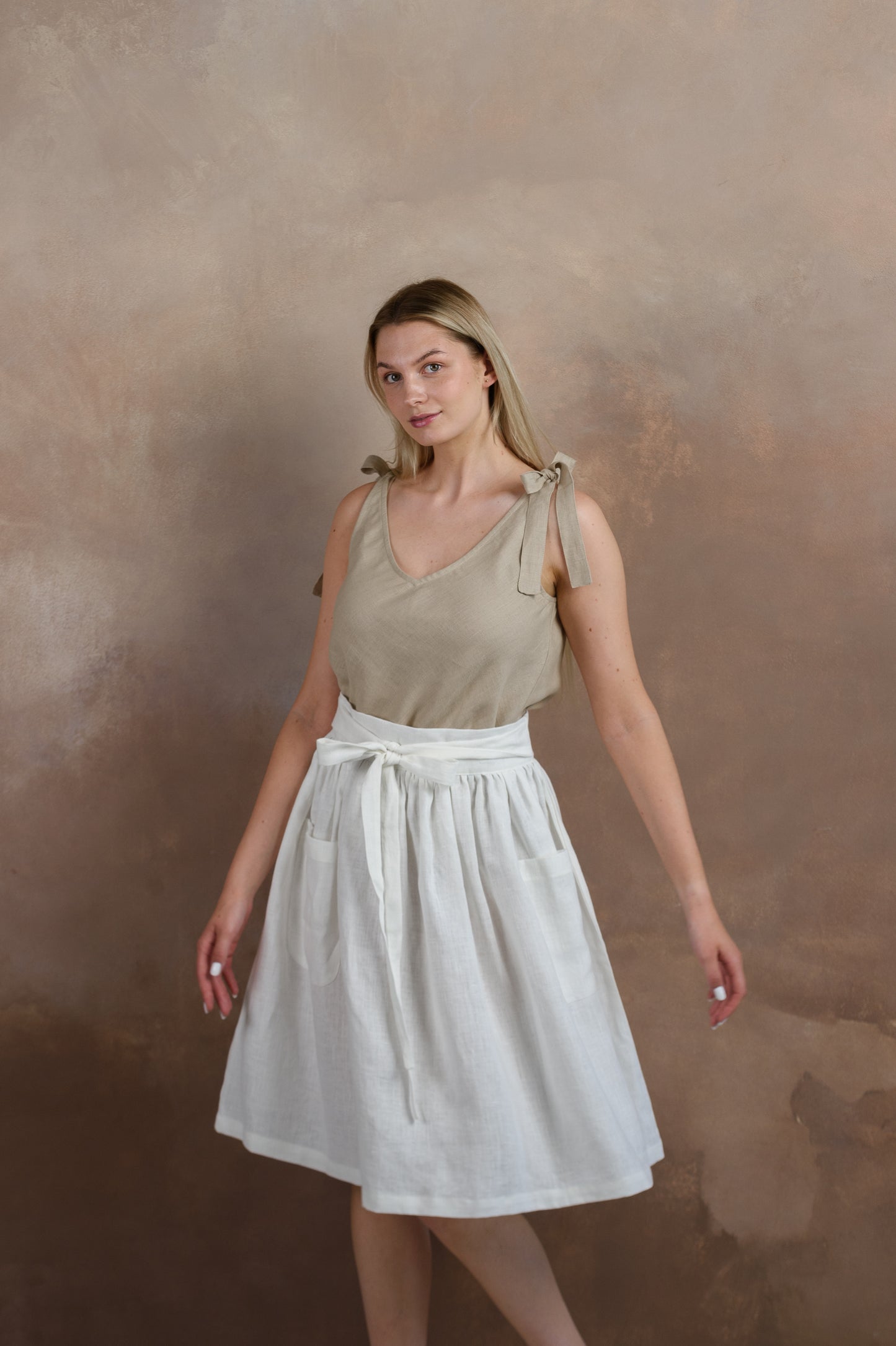 Linen Midi Skirt With Pockets in White