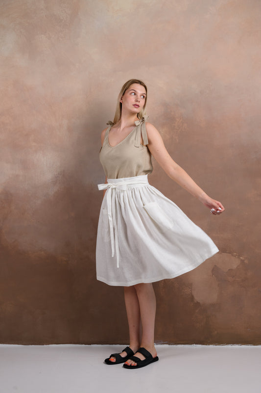 Linen Midi Skirt With Pockets in White
