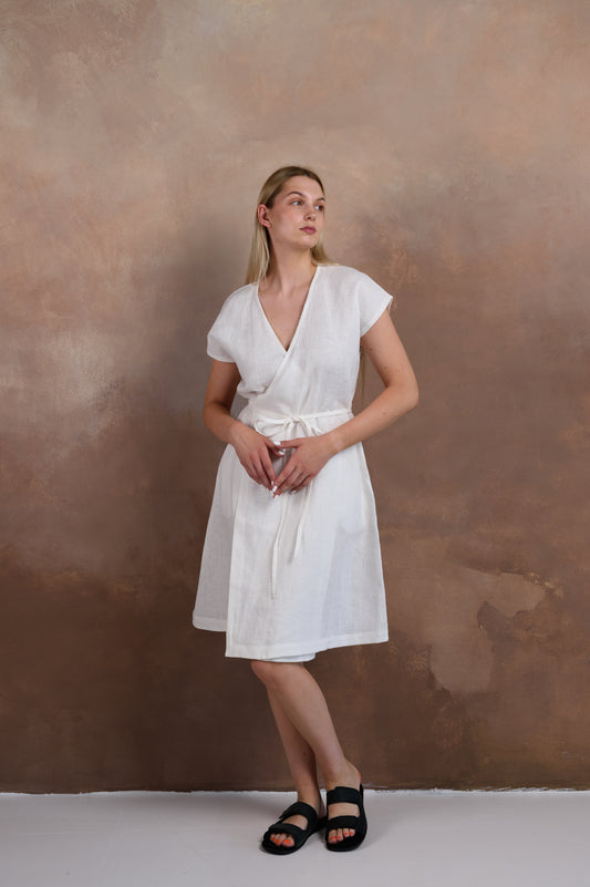 Wrap Linen Dress in White