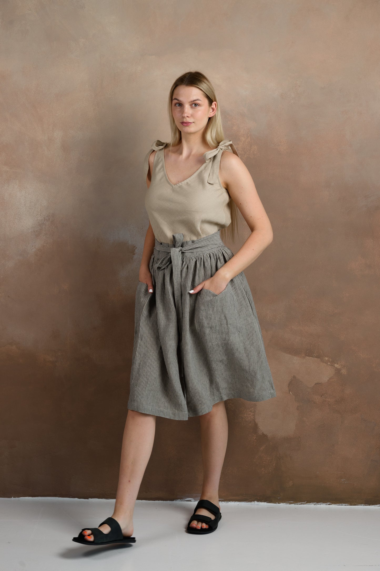 Linen Midi Skirt With Pockets in Stripes