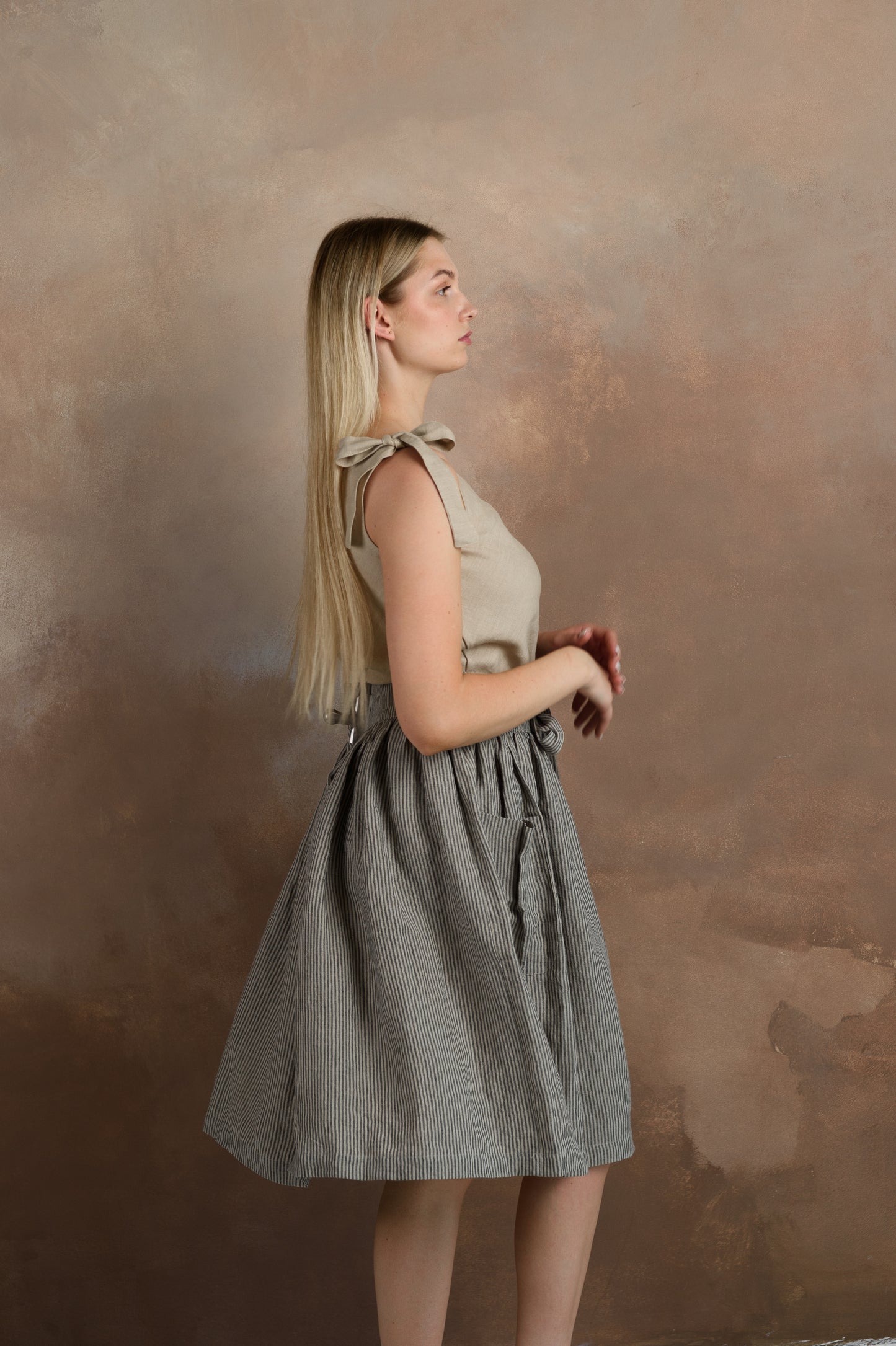 Linen Midi Skirt With Pockets in Stripes