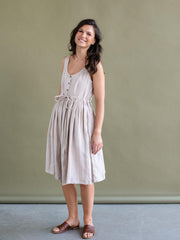 Linen Midi Dress in Beige by Solen Mara | Front Buttons & Pockets | Flowy Sleeveless Summer Linen Dress
