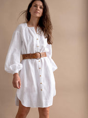 Linen Midi Shirt Dress by Solen Mara | Long Puff Sleeve Linen Dress | Dress With Pockets | Summer White Shirt Dresses For Women