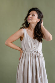 Linen Midi Dress in Beige by Solen Mara | Front Buttons & Pockets | Flowy Sleeveless Summer Linen Dress